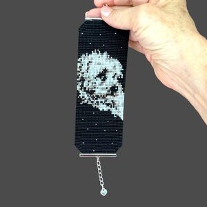Handwoven artisan loom beaded Maltese dog wide soft cuff bracelet adjustable
